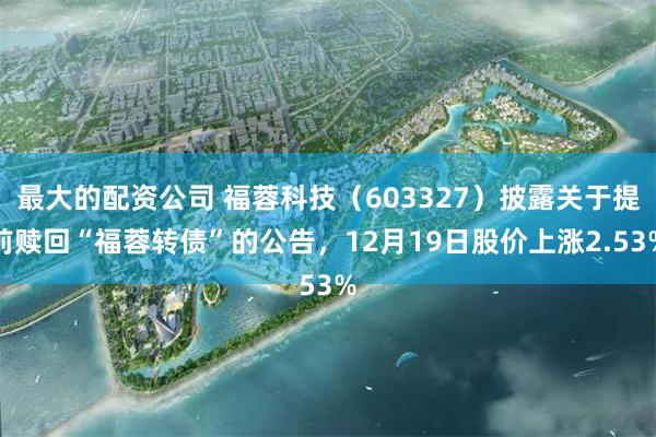 最大的配资公司 福蓉科技(603327)披露关于提前赎回“福蓉转债”的公告,12月19日股价上涨2.53%
