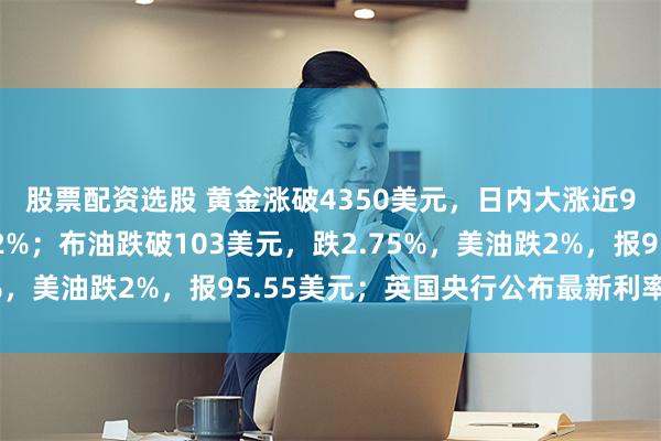股票配资选股 黄金涨破4350美元，日内大涨近90美元，白银大涨超2%；布油跌破103美元，跌2.75%，美油跌2%，报95.55美元；英国央行公布最新利率决议